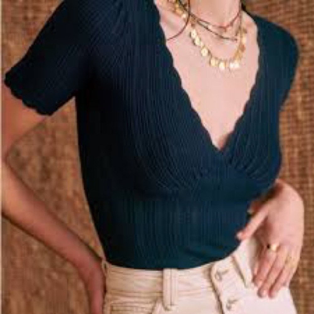 Sezane Chlo Jumper Navy V-Neck Ribbed Top- Small